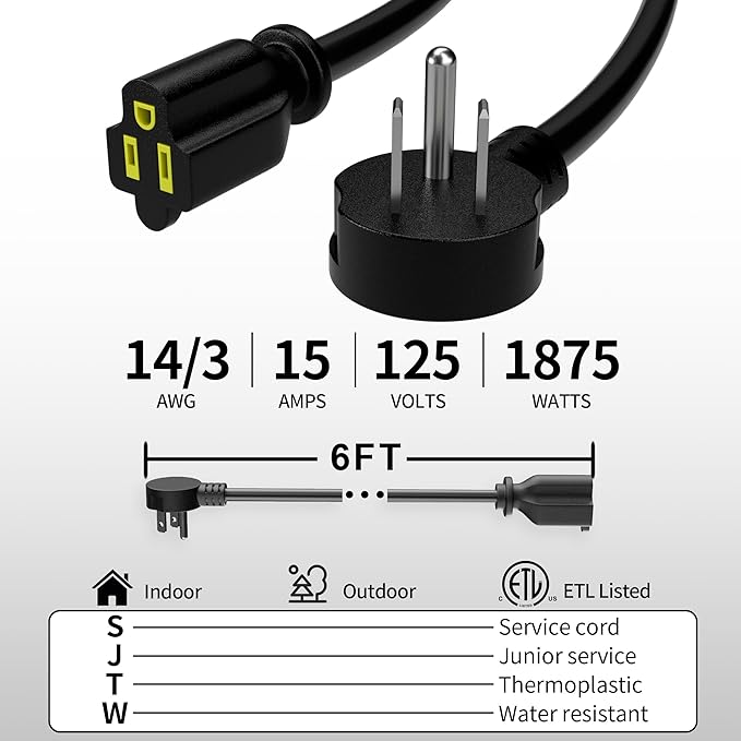 Vockjour 6 FT Black Low Profile Flat Plug 14 Gauge Heavy Duty Extension Cord, 14AWG 3-Wire Grounded Appliance Extension Cord, 15A/125V/1875W SJTW ETL Listed Power Cord
