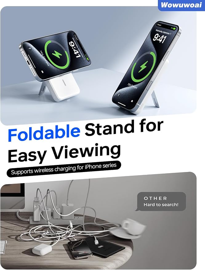 for Magsafe Portable Charger, 10000mAh Wireless Power Bank with Stand, USB C PD 20W Fast Charging Powerbank, Magnetic Battery Pack Compatible for iPhone 17/16/15/14/13/12 Series - White