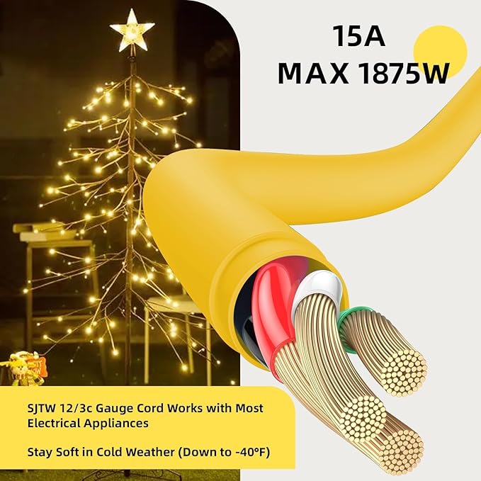 EP 12/3 6 FT Indoor Outdoor Yellow Extension Cord Waterproof, 12 Gauge 3 Prong Power Cord Flexible Resistant Appliance Extension Cable Electric Cable Outside, 15A 1875W 12AWG SJTW, ETL Listed