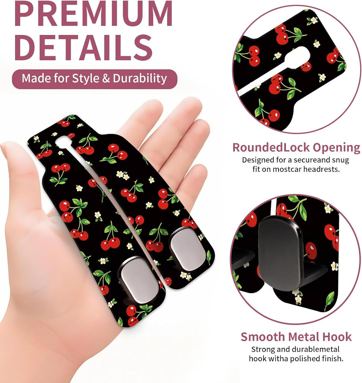 Car Seat Back Storage Hook, Funny Car Purse Hook, Cute Vehicle Storage Organizer for Purses Handbags Black Red Cherry