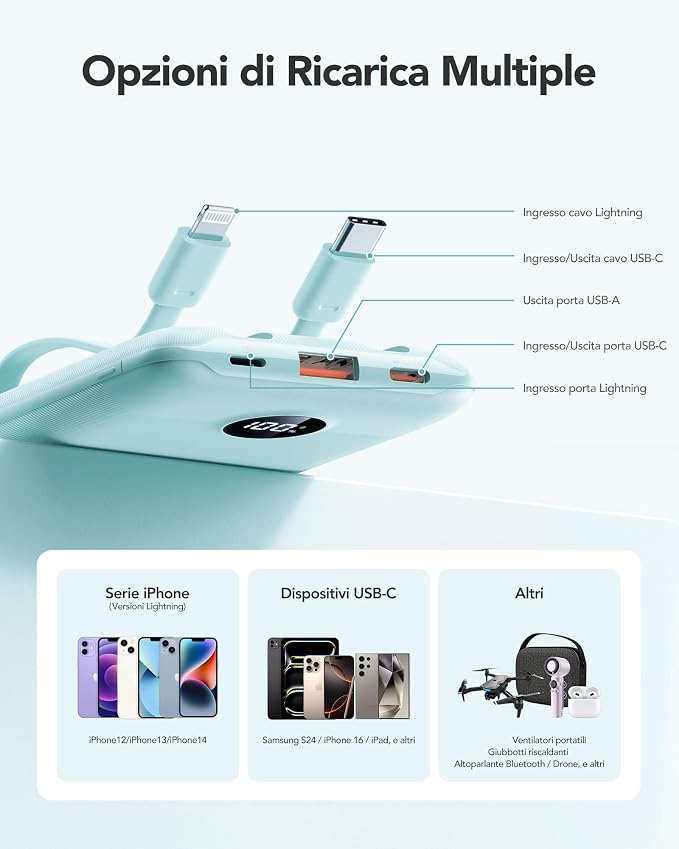 Mini Portable Charger with Built-in Cables 20W Fast Charging Power Bank USB-C Small Battery Pack 10000mAh Travel Essential Slim Battery for iPhone 17/16/15/14, Samsung 25/24, and More