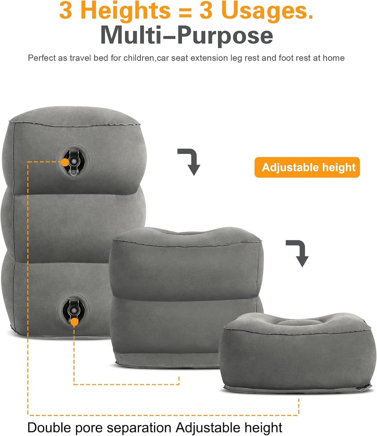 Sunany Inflatable Foot Rest Pillow for Airplane Travel, Adjustable Height for Kids/Adults to Sleep While Traveling, Suitable for Airplane, Office, Home, Trains, Cars and Any Travel（Dark Grey）