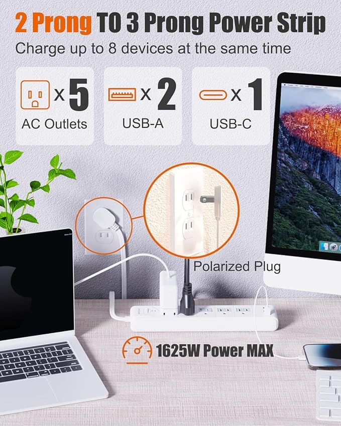 2 Prong Power Strip, WRXDMC 2 Prong to 3 Prong Outlet Adapter, 5ft Extension Cord with Polarized Plug, 1680J Surge Protector, 5 AC Outlets & 3 USB, Wall Mountable, Ideal for Non-Grounded Outlets