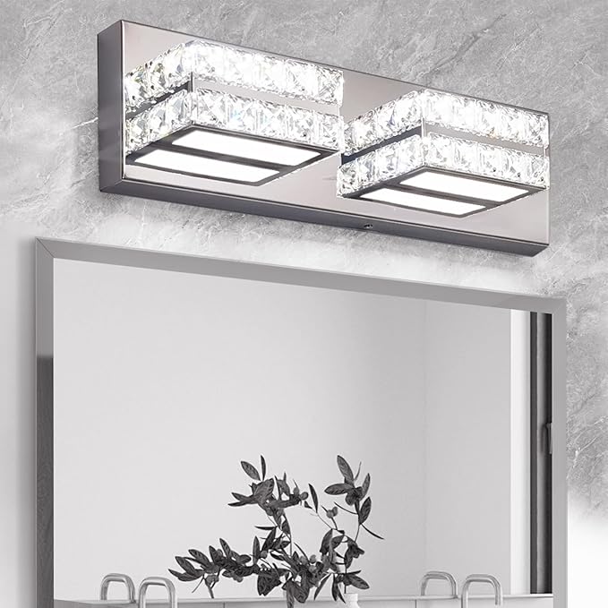OKELI Crystal Bathroom Lighting Fixtures Over Mirror 2 Light Chrome Vanity Light Modern Vanity Wall Light for Washbasin, Dressing Table, 18W, Dimmable Cold White