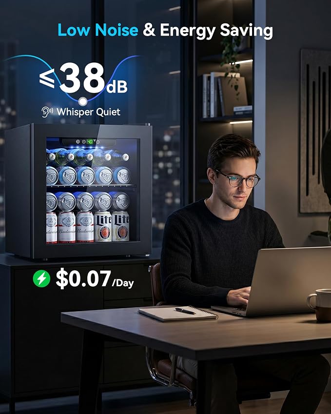 Feelfunn 50 Can Beverage Refrigerator, 1.3CuFt Mini Fridge with Glass Door | 40-61°F, ≤38dB, fast even cooling, removable shelf. For soda, beer, wine, 50 cans or 12 bottles in bedroom, office, dorm