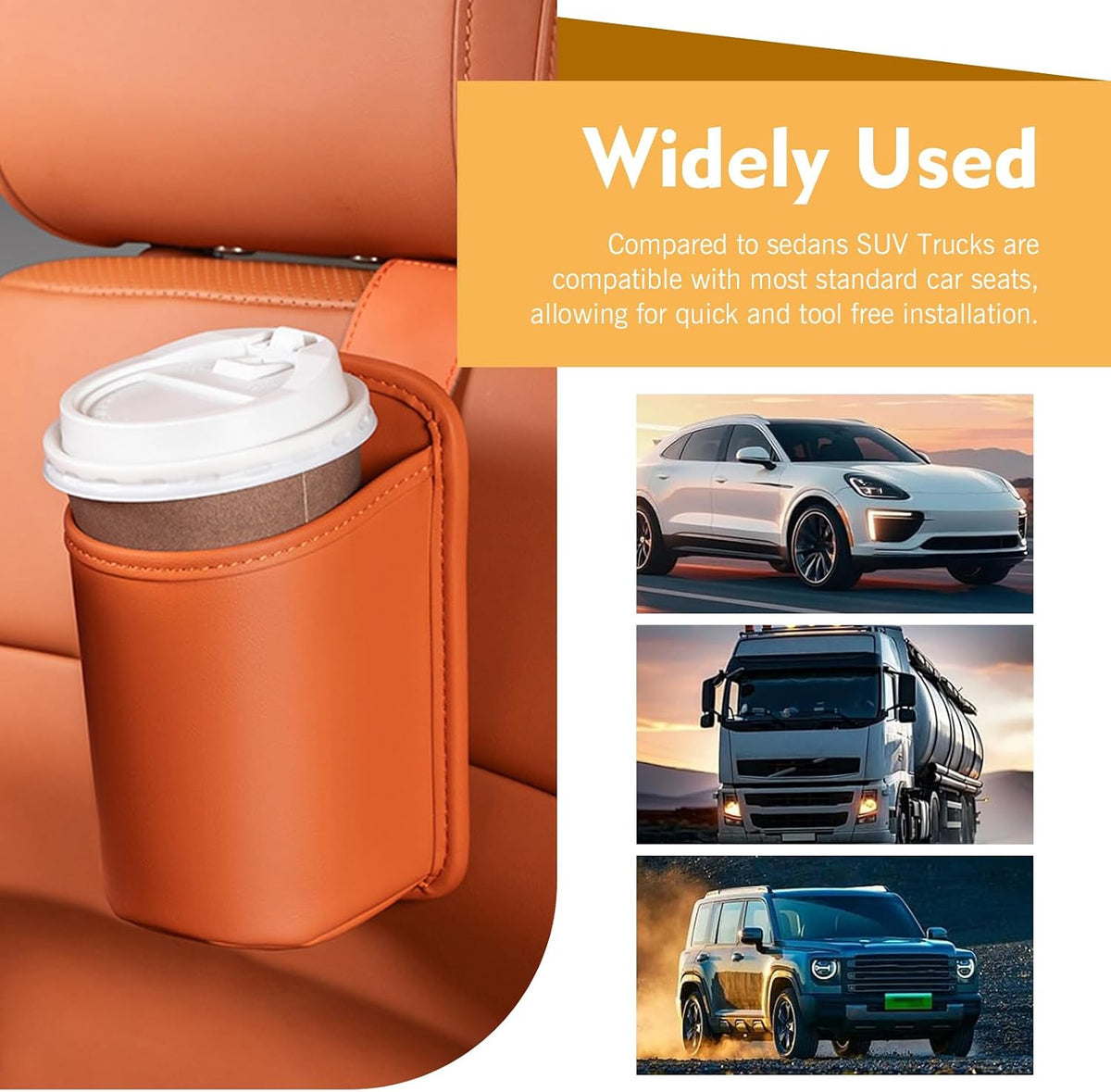2 PCS Car Seat Back Headrest Cup Holders, Leather Large Capacity Organizer for Cup & Phone & Trash, Anti-spill Multi-functional Hanging Storage Bag, for Cars SUVs Trucks (Orange)