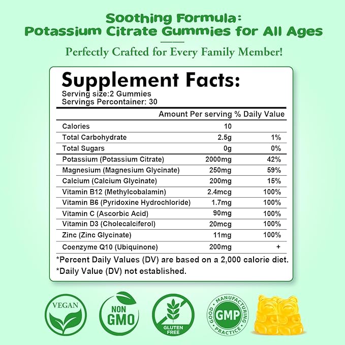 Potassium Citrate Gummies – High Potency Potassium Supplement for Muscle Health, Leg Cramp Relief, Electrolyte Balance – Vegan, Non-GMO, Gluten-Free, Pineapple Flavor, 60 Count