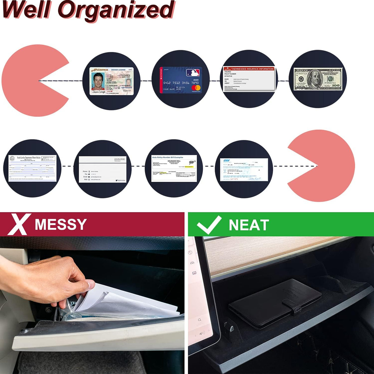 RSAquar Car Registration and Insurance Holder, Leather Car Glove Box Organizer, Cool Car Accessories for ID, Driver's License Cards & Essential Document, Men&Women, Black