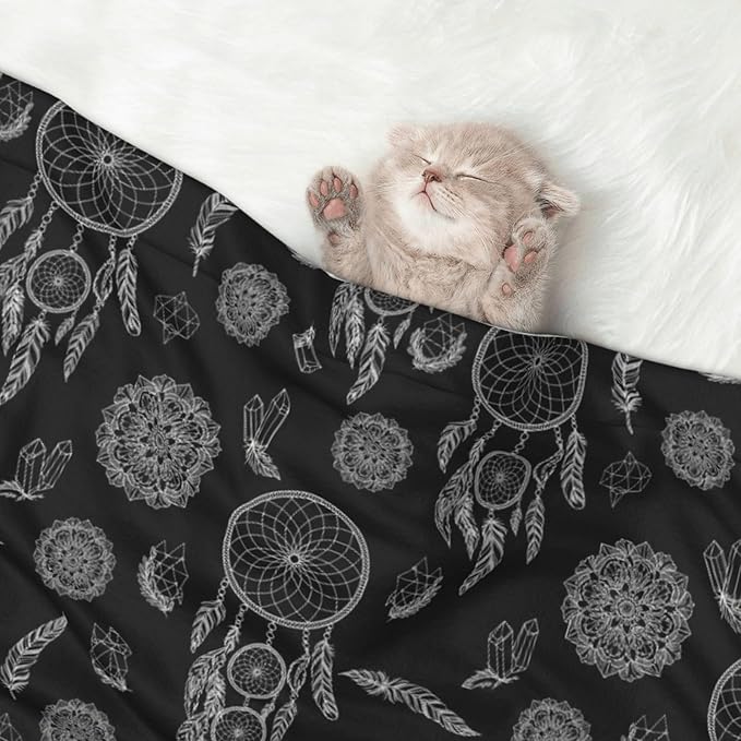 Pet Blanket for Travel and Home, Black and White Mysterious Dream Catcher, Reversible Plush Dot Design with Soft Grip Texture on One Side Perfect for Car Seats Moving Vehicles