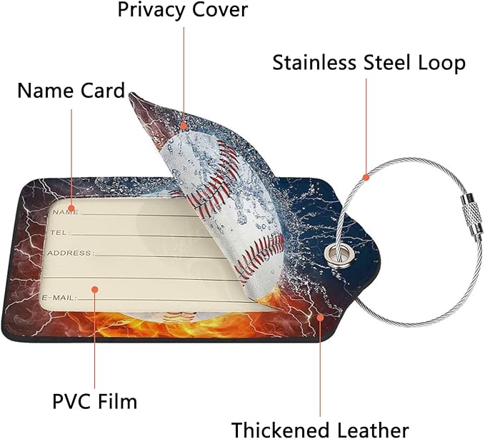 2 Pack Luggage Tags for Suitcase, Privacy Cover ID Label with Stainless Steel and Address Card for Travel Bag Backpack Cruise Ship Essentials Tag Men Boys - Cool Ice Fire Baseball
