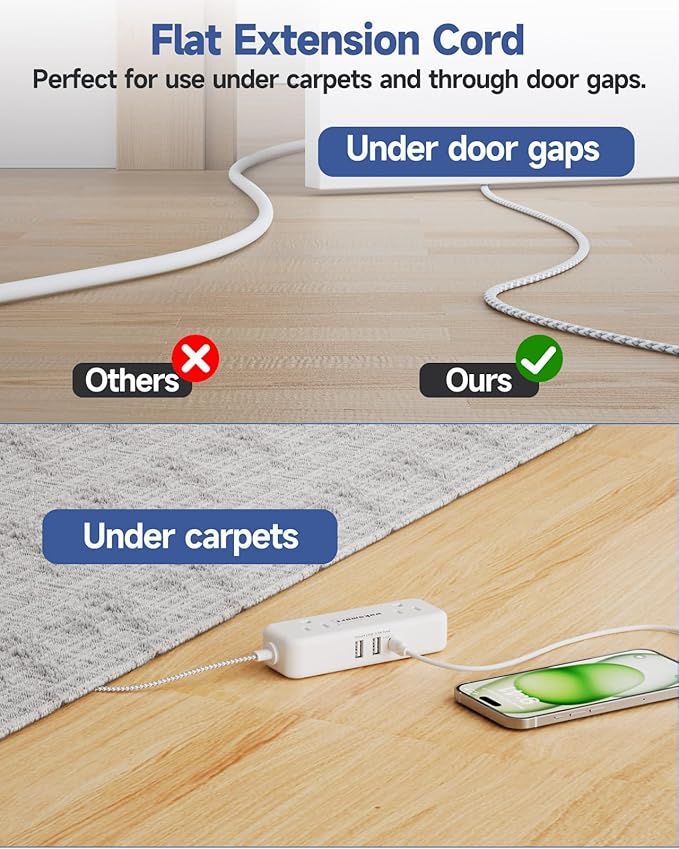 Flat Plug Extension Cord 15 Feet with 4 AC Outlets 3 USB Ports (5V/3.4A 17W), 15Ft Long Braided Cord for Home Office Dorm 13A 1625W