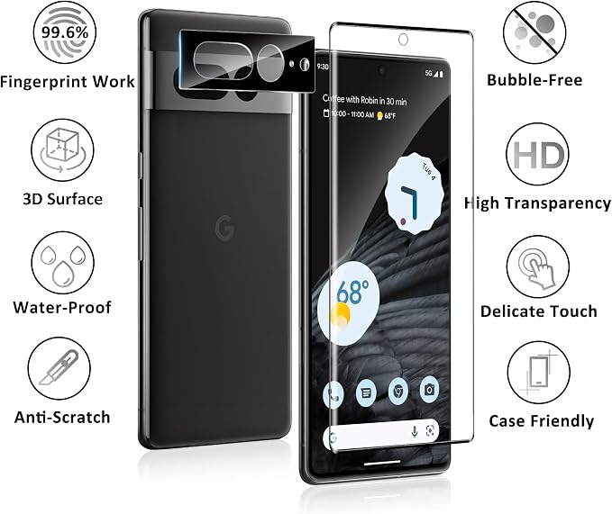 2 Pack for Google Pixel 7 Pro Screen Protector + 2 Pack Camera Lens Protector