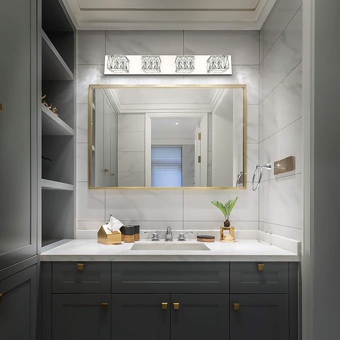ZUZITO 4 Lights Bathroom Vanity Light - Crystal Modern Vanity Lights for Bathroom - Dimmable 24W LED Chrome Bath Light Fixtures Over Mirror Cool White Light