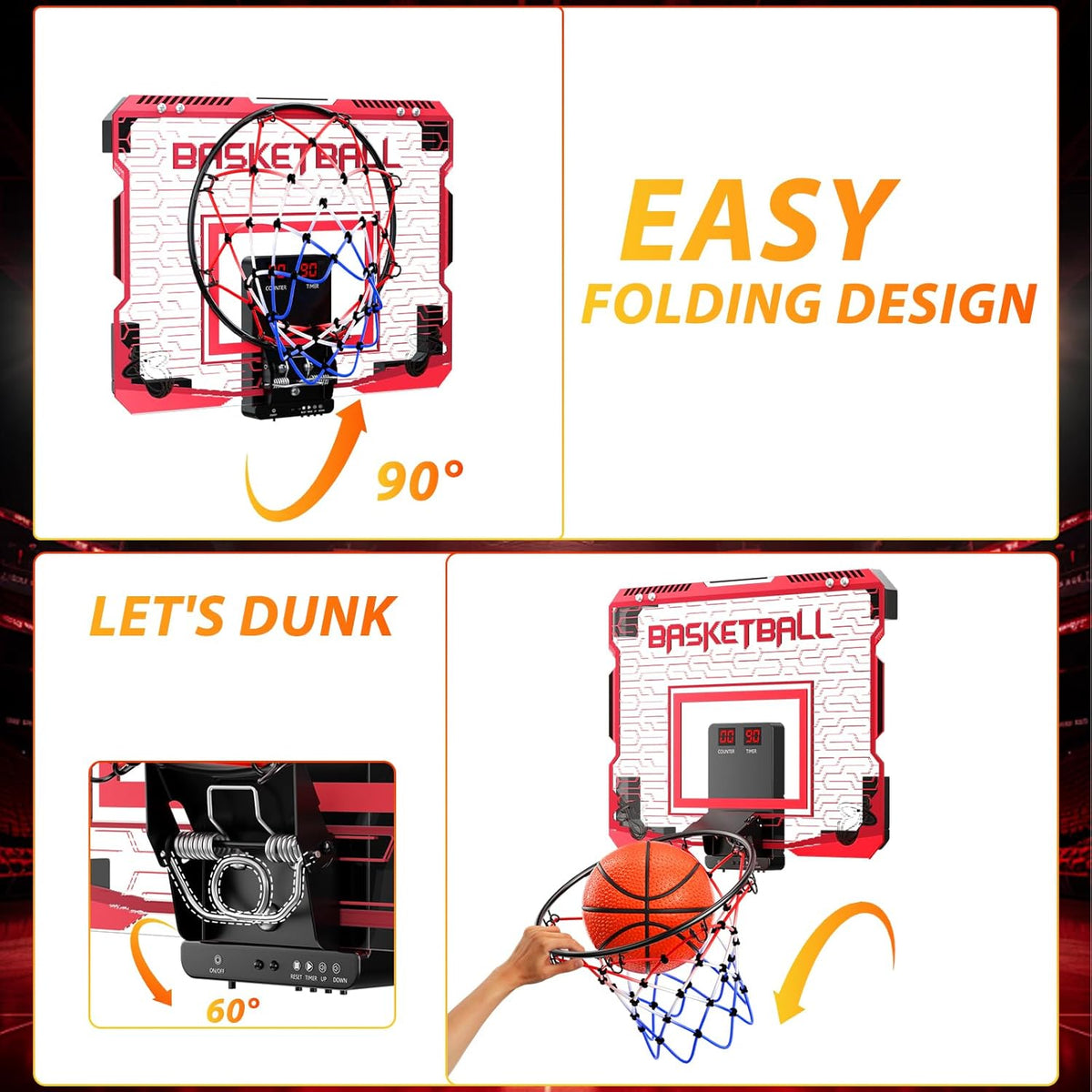 Skiennix Indoor Mini Basketball Hoop - Over The Door with LED Lights & Sound Effects | Includes 3 Balls, Perfect Sports Gift for Kids Ages 6-12