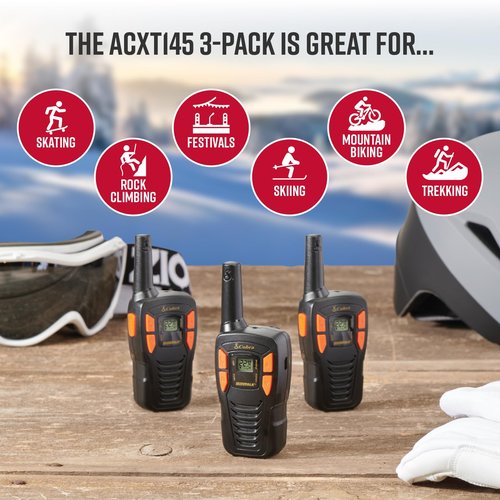Cobra ACXT145-3 Compact Walkie Talkies - Rechargeable, Lightweight, 22 Channels, Long Range 16-Mile Two-Way Radio Set (3-Pack), Black