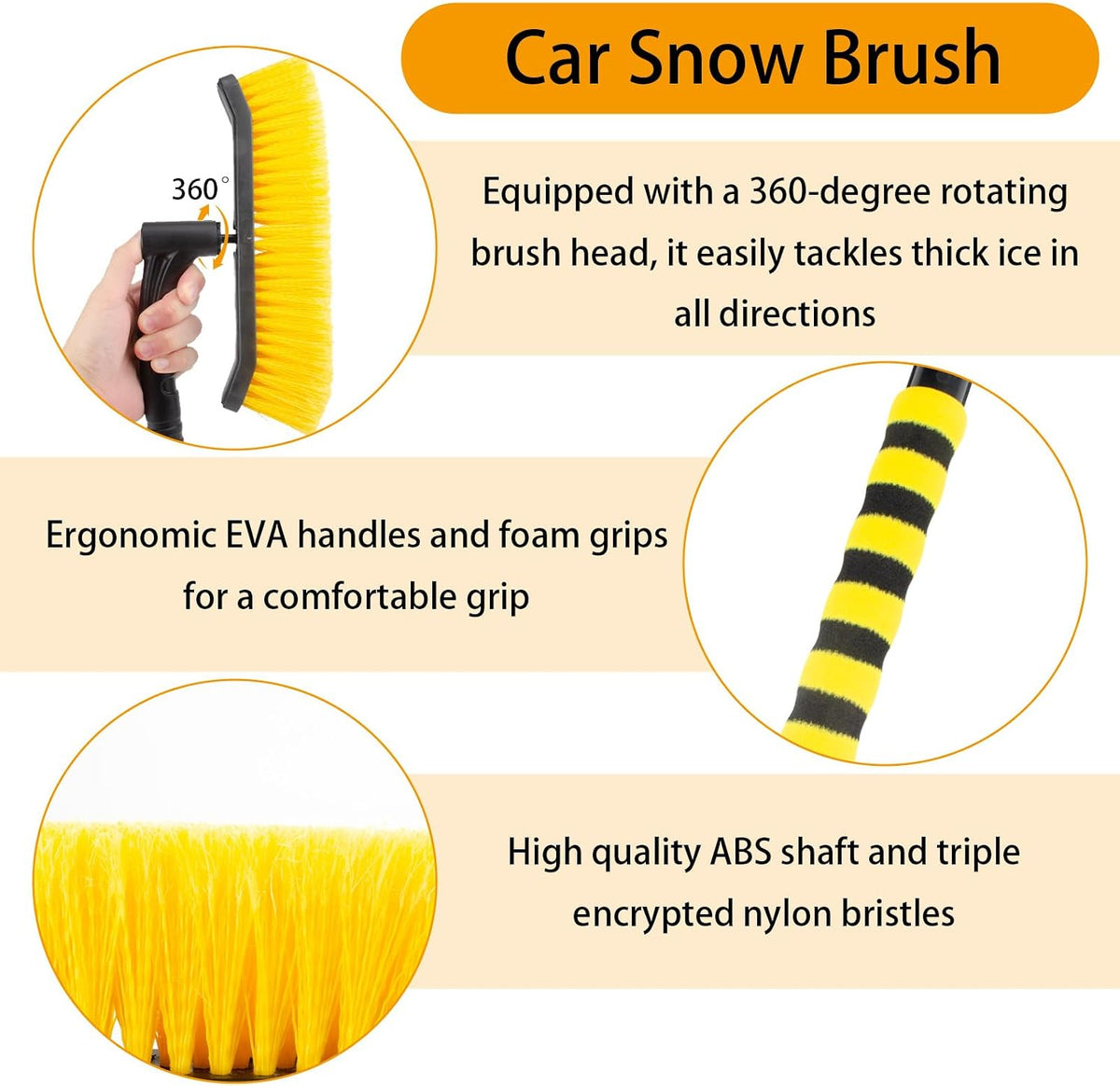 ecocstm 25.5" Car Snow Brush and Detachable Ice Scraper, Snow Shovel for Car Window with Foam Grip and 360° Pivoting Brush Head, Snow Shovel for Car Window, Winter Accessories for Cars, Trucks, SUVs
