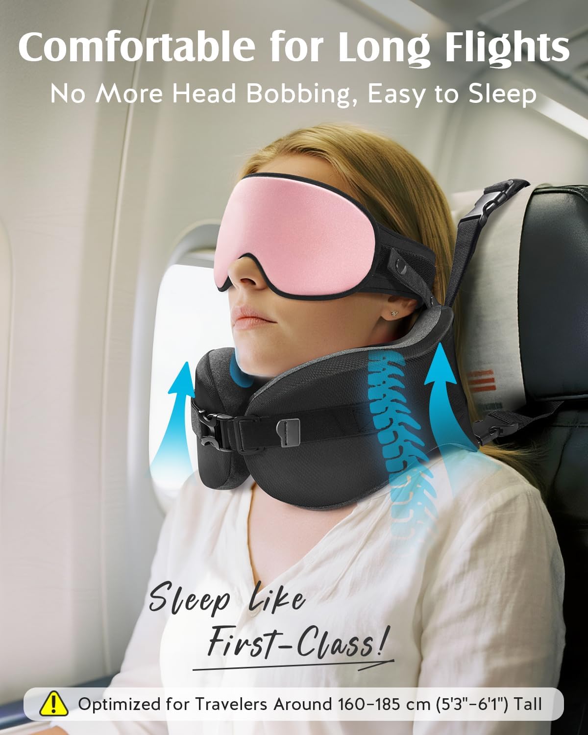 YFONG Travel Pillow for Long Flight Airplanes, Head Strap Combo with 3D Contoured Eye Mask for Sleep, Neck Pillow for Car Trip Essential, 360° Support Memory Foam Headrest, Prevent Head Bobbing, Pink