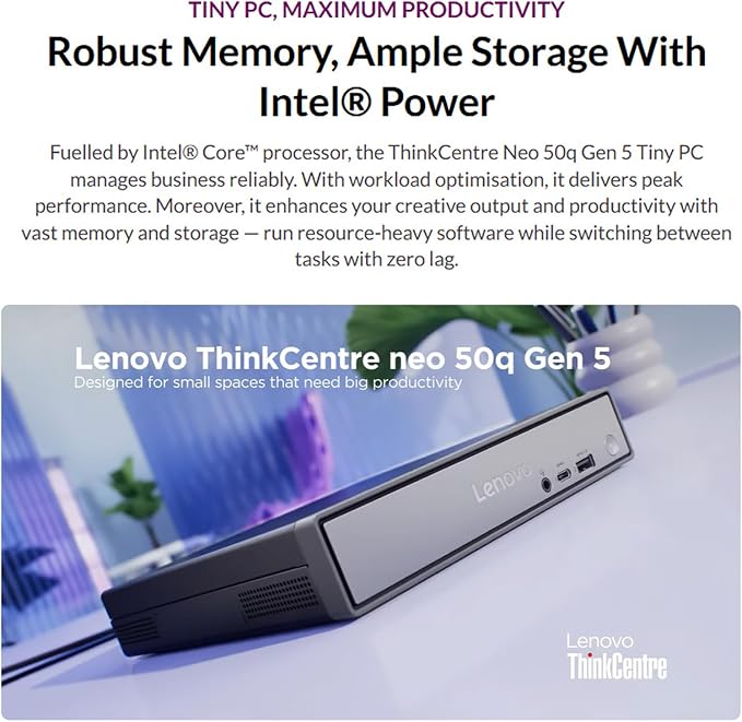 Lenovo ThinkCentre neo 50q Gen 5 Mini Desktop PC, Intel Core i5-13420H 8-Core, 8GB DDR5 RAM, 512GB SSD, WiFi 6E, Bluetooth 5.3, Dual Display, USB-C, Windows 11 Pro - Business Office Remote Work