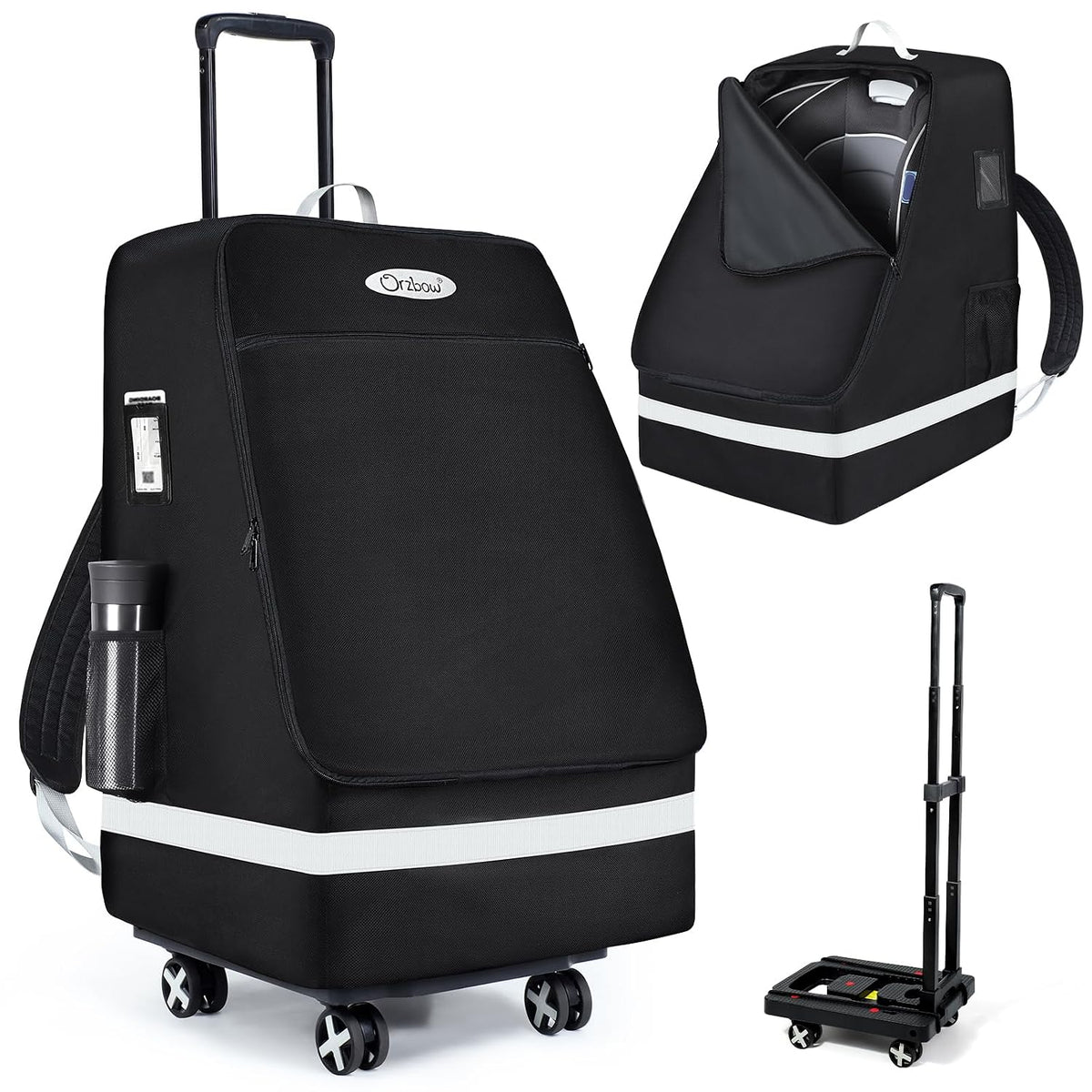 Orzbow Car Seat Dolly for Airport, Folding Car Seat Travel Cart with 4 Wheels and Adjustable Handle, Carseat Roller for Airplane Travel with Straps, Compact Luggage Hand Trolley, Black