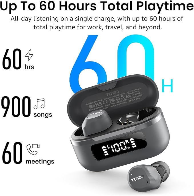 TOZO NC9 Hybrid Active Noise Cancelling Wireless Earbuds, 60H, LED Display | 6 Mic ENC Clear Calls, Deep Bass Sound, IPX8, in Ear Bluetooth 5.3 Headphones,32 EQs via APP, Comfort Fit Ear Buds, Gray