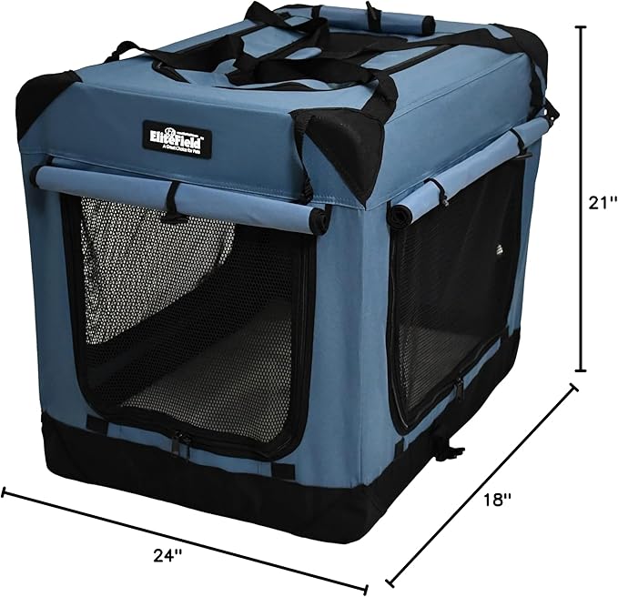 EliteField 4-Door Folding Soft Dog Crate with Curtains, Carrying Bag and Fleece Bed (2 Year Warranty), Indoor & Outdoor Pet Home (24" L x 18" W x 21" H, Blue Gray+4 Door Curtains)