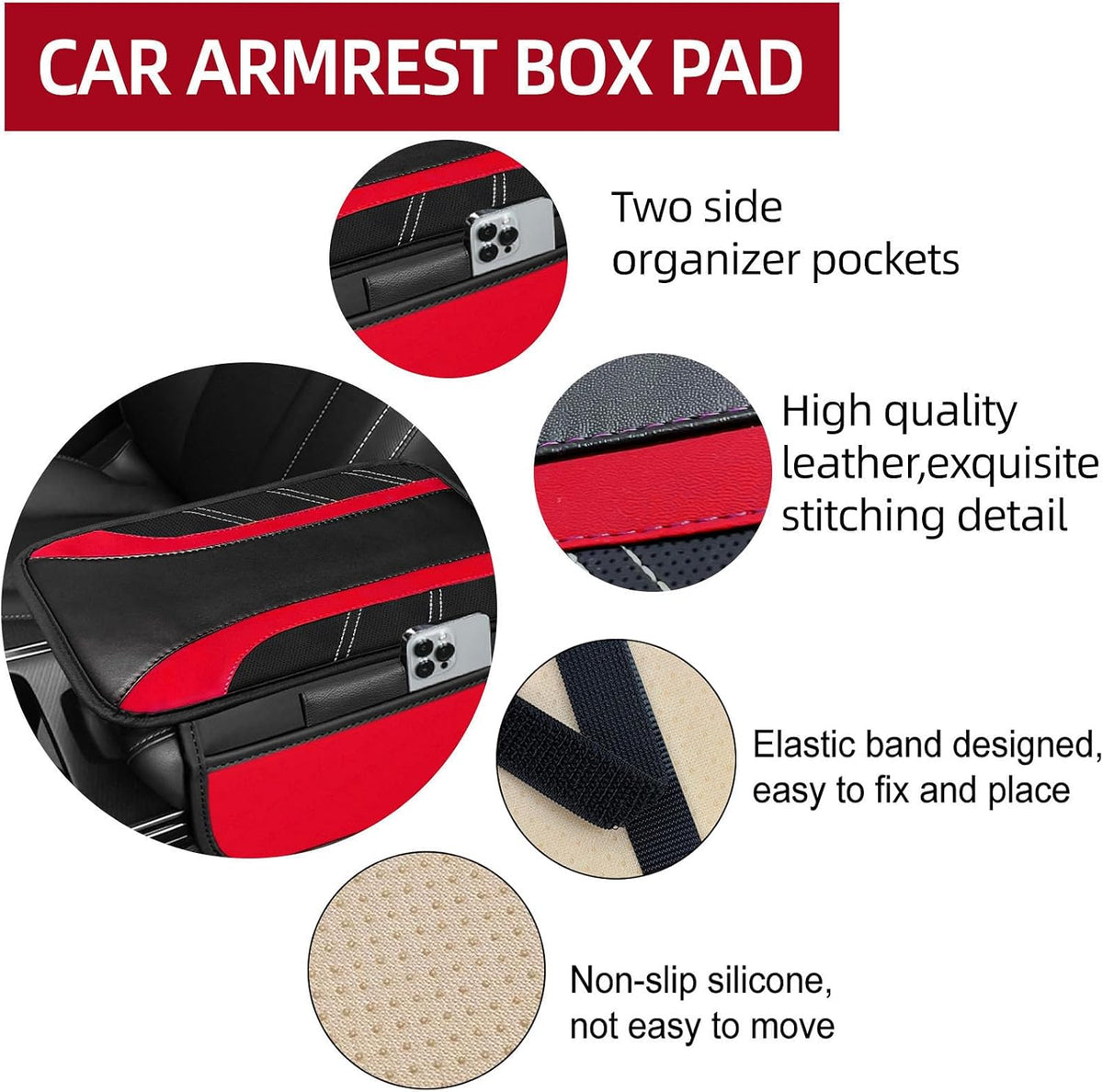 NBTEPEM 6 Pcs Red Steering Wheel Cover Set, Sport Microfiber Leather Steering Wheel Cover 14.5-15inch Universal, Car Center Console Cover, Seat Belt Cushion, Cup Coasters, Red Car Accessories Set