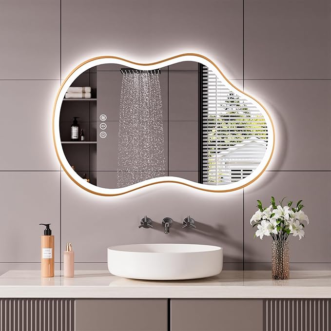 WTTY LED Irregular Bathroom Mirror 24x36 Inch with Front & Back Lights - Asymmetrical Design, Anti-Fog, Dimmable 3 Color Temperatures, Shatterproof Glass, Horizontal or Vertical Mount (Gold Frame)