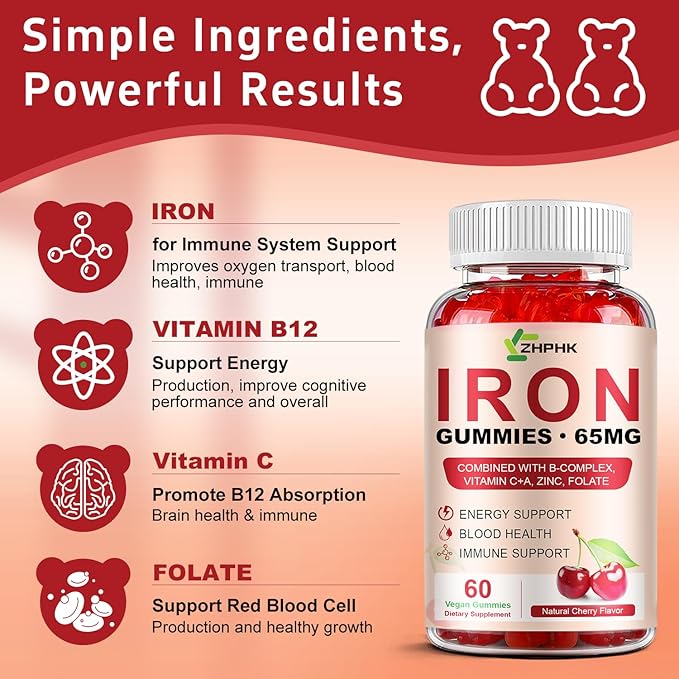 Iron Gummies Supplement for Women, Men & Kids, Iron 65mg with 250mg Vitamin C B6 B12 Folate Healthy Blood, Energy & Immune Support Gentle on Stomach Ferrous Fumarate, 120 Count