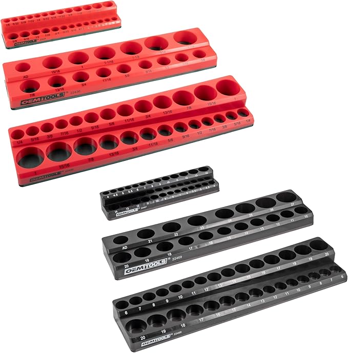OEMTOOLS 22460 6 Pack Set Metric and SAE Magnetic Socket Tray Set, Red and Black Socket Organizers, 1/4, 3/8, 1/2 Inch Drive Socket Organizer Tray Set