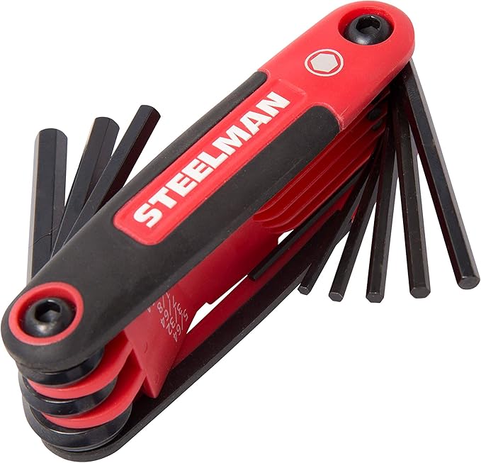 Steelman Portable Folding Hex Key Wrench Multi-Tool Standard (SAE), Set Includes 5/64, 3/32, 7/64, 1/8, 9/64, 5/32, 3/16, 7/32, 1/4-Inch, Chamfered Ends, Rubberized Grip