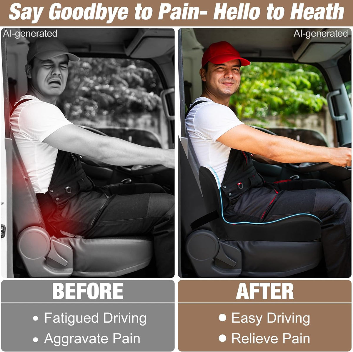 MYFAMIREA Truck Seat Cushion, Memory Foam Trucker Seat Cushion for Truck Driver Long Sitting with Adjustable Strap, Back Support and Pain Relief for Trucker Driving Office Chair and Pain, Black