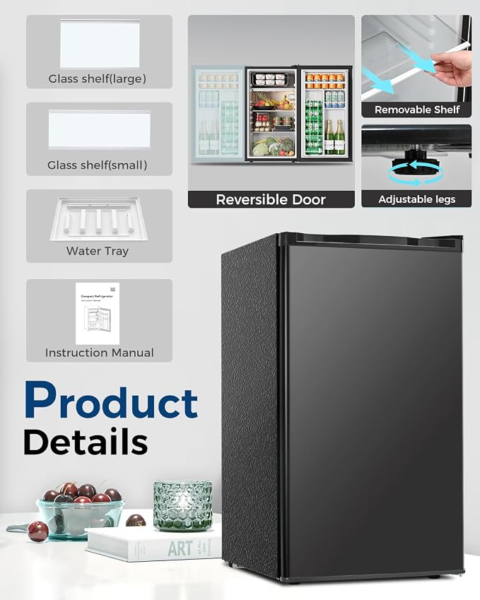Feelfunn Mini Fridge with Freezer - 3.2 Cu.Ft Single Door Mini Refrigerator with Adjustable Thermostat, Small Fridge for Bedroom, Apartment, Dorm - Black