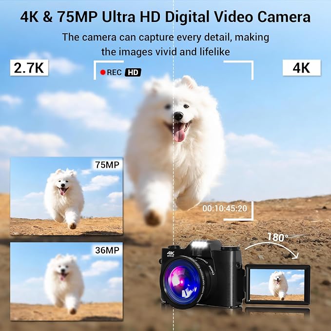 Camera Digital, 75MP WiFi 4K Vlogging Video Camera