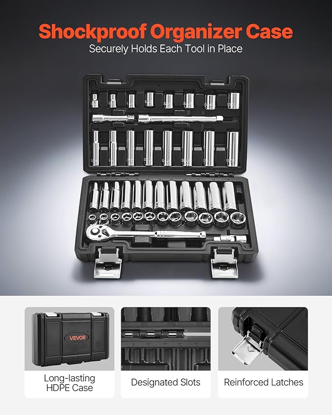 VEVOR Socket Set, 44 Pieces, 3/8 inch Drive Socket and Ratchet Set, SAE and Metric, Deep and Shallow, Mechanic Tool Kit with Accessories and Storage Case, CR-V Alloy Steel, for Automotive Repair