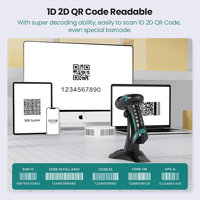 Wireless Barcode Scanner with Stand, Industrial 1D 2D QR Bluetooth Barcode