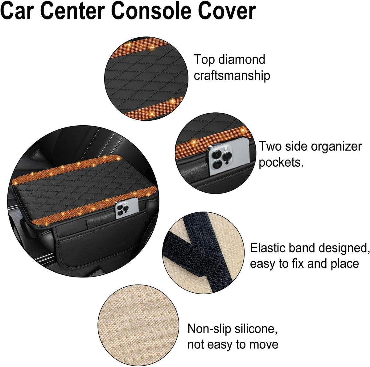 NBTEPEM Bling Car Center Console Cover, Leather Car Arm Rest Cover Cushion with 2 Storage Bags, Middle Console Cover Universal Armrest Protector Pads, Bling Accessories for Most Vehicles (Orange)