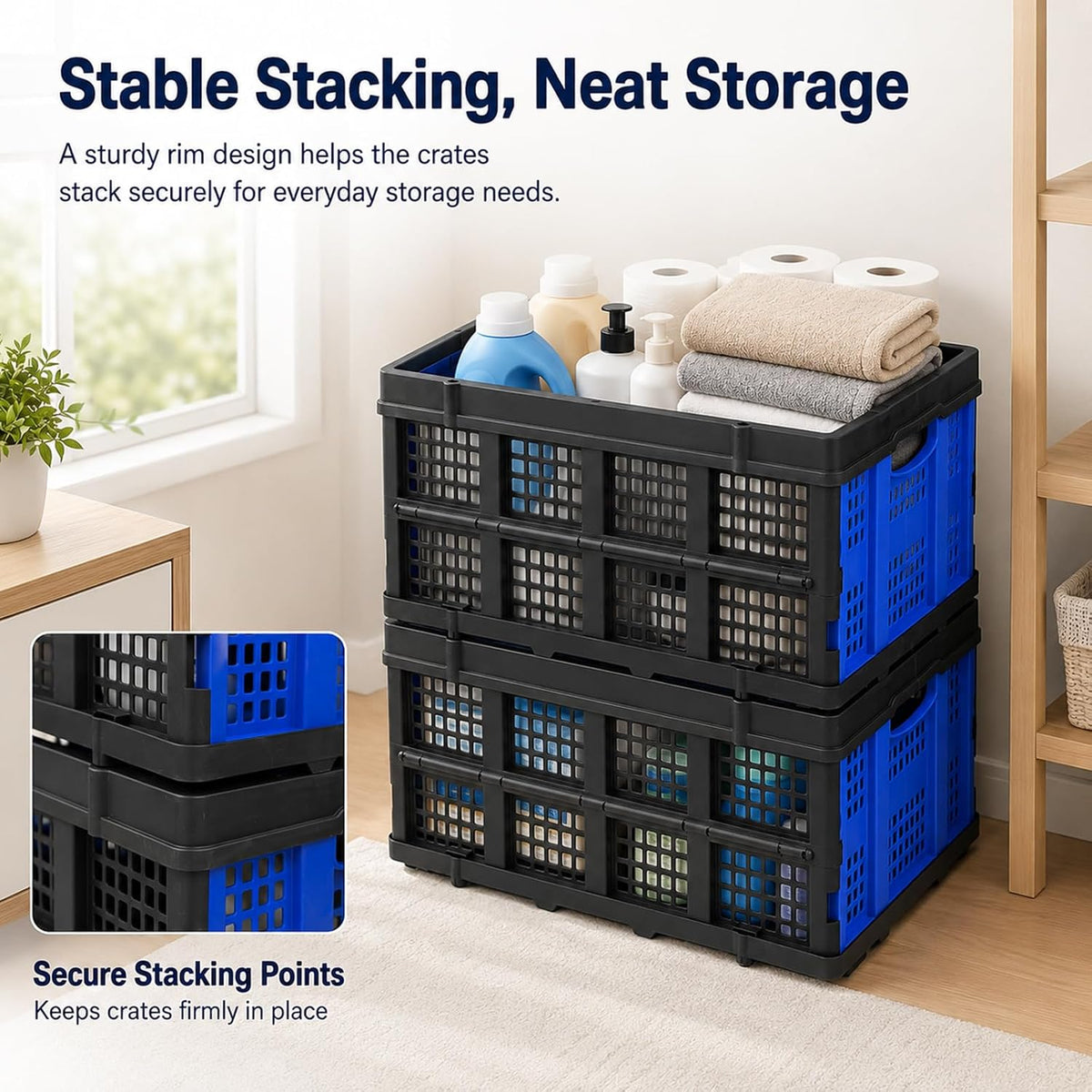 49L Collapsible Storage Crate, Stackable, Blue, 1 Pack
