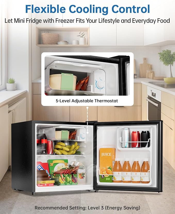 1.6 Cu Ft Mini Fridge with Freezer, Single Door Upright Freezer | 30dB Ultra Quiet, Adjustable Thermostat, Reversible Door, ETL Certified, Mini Fridge for Bedroom, Dorm & Office, Black