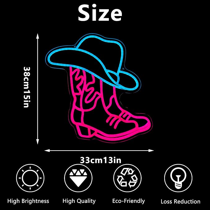 Cowboy Boot and Hat LED Neon Sign, Western Country Wall Decor