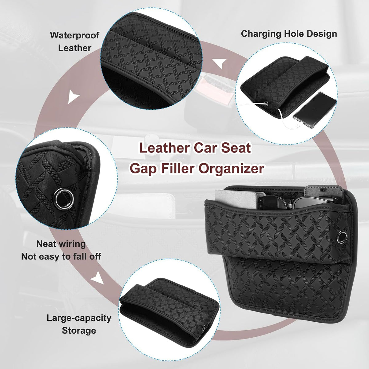 HARFINGTON 2pcs Car Seat Gap Filler Organizer 11.5 x 8 x 2.1 Inch Leather Universal Car Organizer Storage Box Between Seat and Console for Phone Sunglasses Keys, Black