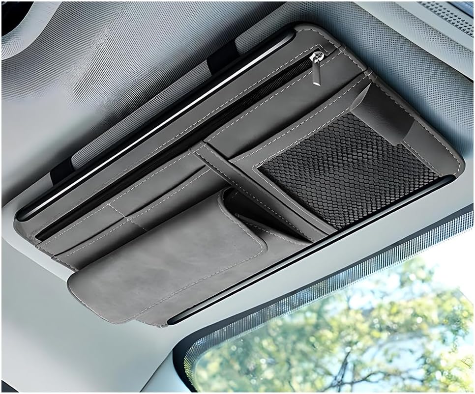 Yourkar Car Sun Visor Organizer, Soft Leather Surface Eyeglasses Note Card Holder Car Storage Bag, Scratch-Resistant Waterproof Auto Sunshade Organizer Bag, Car Accessories (Blue)