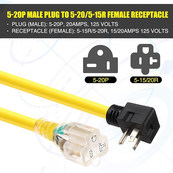 Kanayu 16FT NEMA 5-20 Extension Cord, 5-20P Male Plug to 5-20/5-15R Female Receptacle, 20 Amp T-Blade Outlet Extension Power Cord with Indicator Light, 12 AWG, ETL Listed