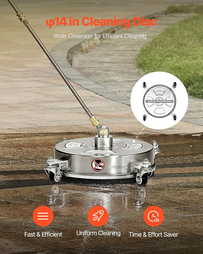 VEVOR 14 Inch Pressure Washer Surface Cleaner, 4000 PSI Stainless Steel Attachment with 4 Wheels, 2 Nozzles, 1/4 Inch Quick Connect and 2 Wands for Concrete, Patio, Deck