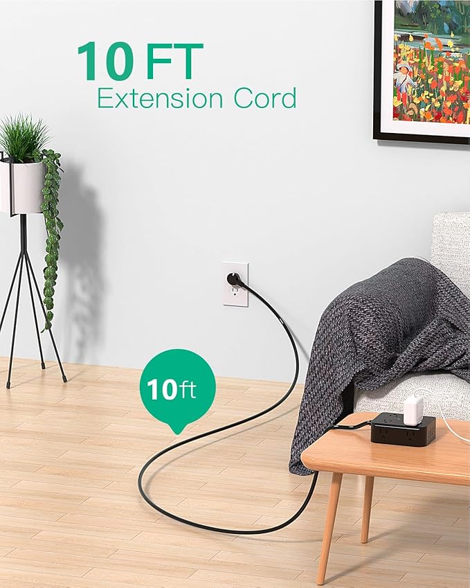 Extension Cord 10 FT, Flat Plug Power Strip Surge Protector with 8 Wide Outlets 4 USB Ports, 3-Side Outlet Extender, Mounted, Overload Protection, for Indoor Home Office, Dorm Room Essentials