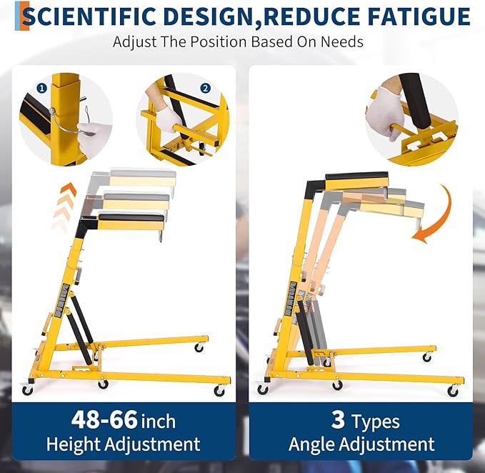 GarveeTech Topside Automotive Creeper with 6 Swivel Casters, 400LB Heavy-Duty Top Creeper, Adjustable Height 48" to 66" & 2" Padded Deck for Truck/SUV Repair, Garage Maintenance, Yellow