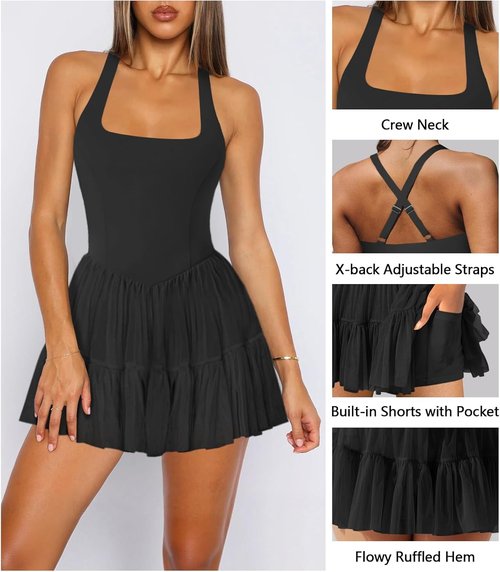Hragc Women's Tennis Dress - Flowy Pleated Ruffle Halter Neck Mini Dress with Shorts Pocket