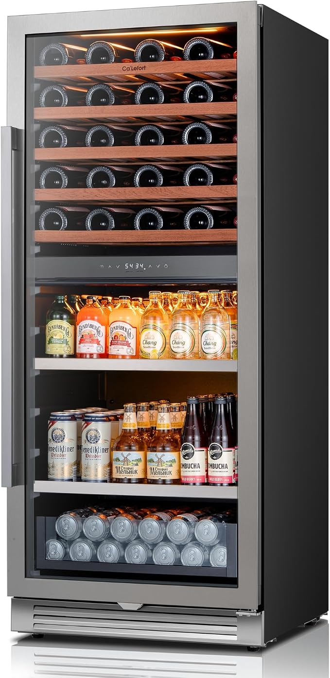 Ca'Lefort 24 Inch Dual Zone Wine & Beverage Center, 112 Can & 40 Bottle | 55-Inch Tall Wine Cellar, Quiet Inverter Compressor, Precise 40-65°F Temperature Control, Glide-Out Shelves & Storage Drawer