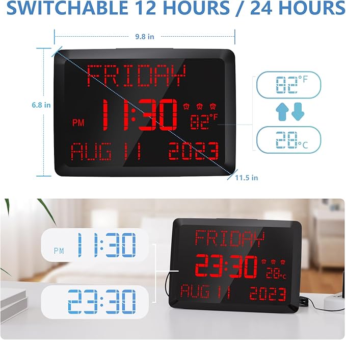 Raynic Digital Clock, 11.5" Large Display Digital Calendar Clock