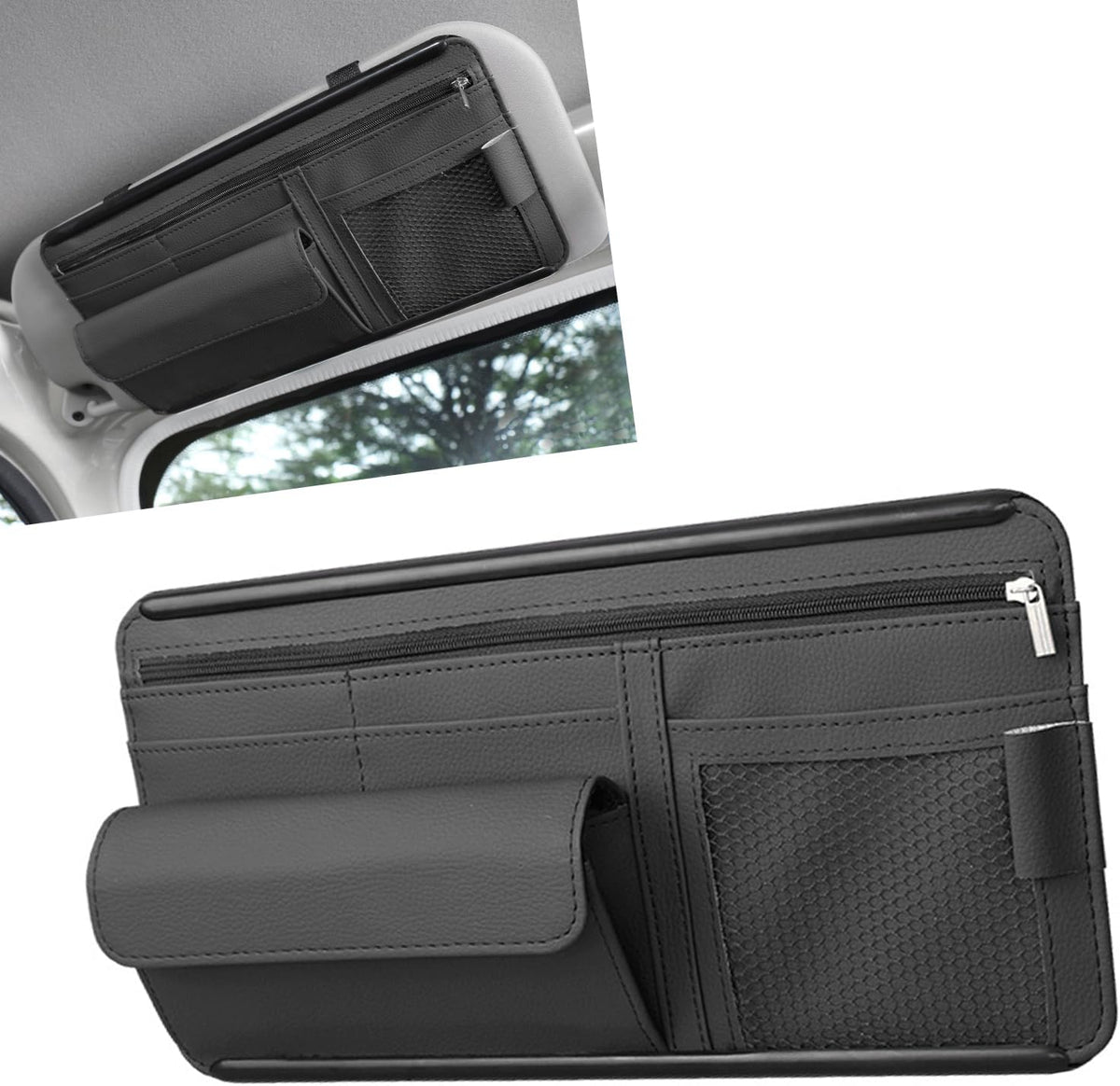MLY Car Sun Visor Organizer, Leather Sunglasses Note Pen Card Holder with Multi-Pocket Net Zipper Storage Bag, Scratch-Resistant Car Sun Visor Organizer for Truck, Cars Interior Accessories (Black)