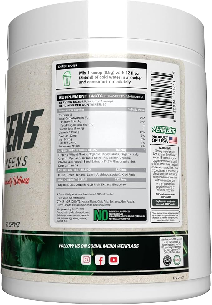 EHP Labs OxyGreens Super Greens Powder - Spirulina & Chlorella Superfood, Green Juice Powder & Greens Supplements with Prebiotic Fibre, Antioxidants & Immunity Support, 30 Serves (Guava Paradise)